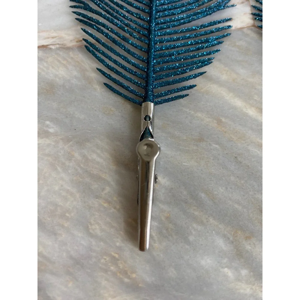 Set of 4 Glitter Feather Hair Clips Teal Blue and Purple Plume Alligator Clips